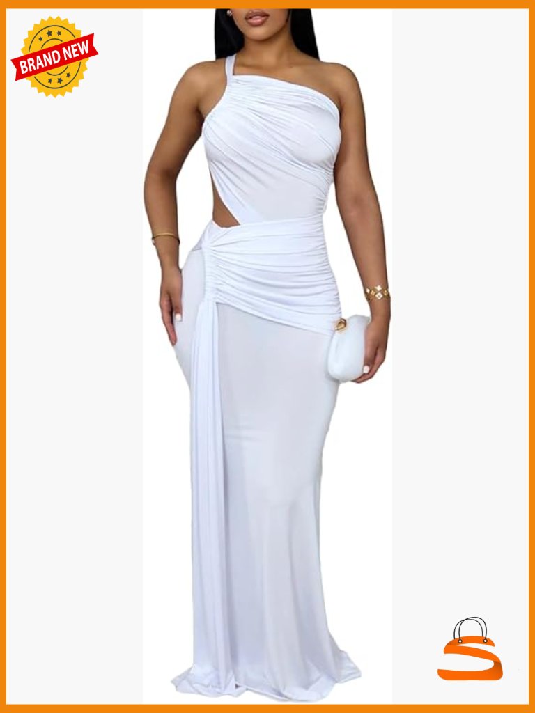 Sleeveless Ruched Bodycon Maxi Dress One Shoulder Stretchy Vacation Dress